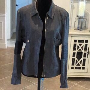 7FAM gray metallic linen with lamb leather jacket, zip front, size medium